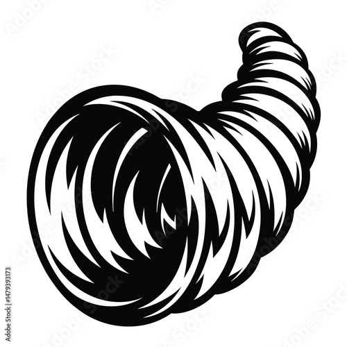 Monochrome Cornucopia Horn of Plenty Drawing with Swirling Line Art