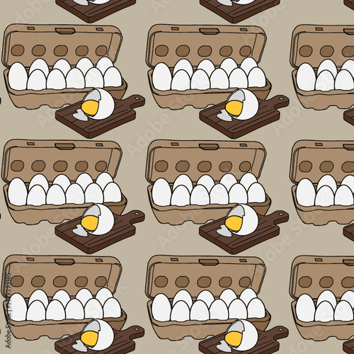 Chicken eggs in packaging. Fresh brown eggs in paper box, container. Fresh raw eggs whole and broken in white and yellow. Vector illustration. Flat cartoon style. Breakfast, organic farm food concept.
