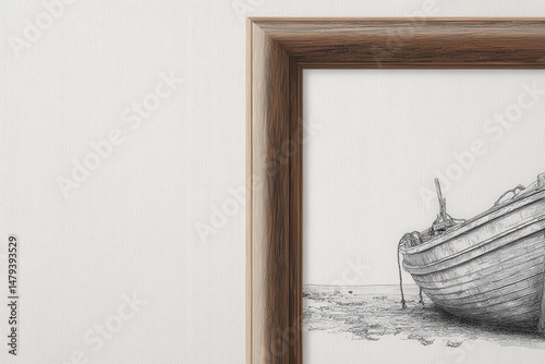 A framed pencil sketch of an old wooden boat resting on a beach. The monochromatic drawing evokes a sense of tranquility and nostalgia.