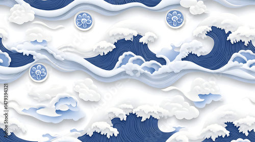 Obraz na płótnie Ocean Waves & Clouds: Paper Art Design w salonie