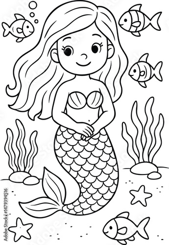 cute mermaid with fish and underwater plants