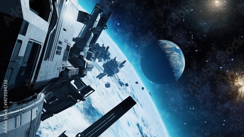 Fototapeta Naklejka Na Ścianę i Meble -  Futuristic Orbital Space Station Above Earth’s Horizon