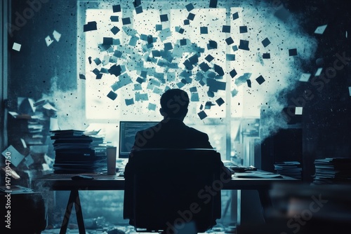 Overwhelmed worker amidst paper chaos