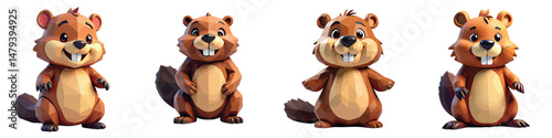 Cut Out Set of Low Poly Vector illustration Of Beaver Toy Isolated on Transparent or White Background.