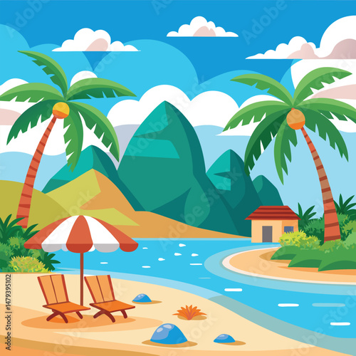 tropical beach scene with palm trees, lounge chairs, a small house, mountains, and a river or stream in the foreground, serene nature landscape, colorful digital art, vibrant colors, 4k, highly detail