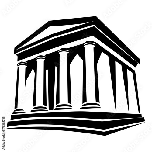 Stylized black and white image of an ancient Greek temple facade