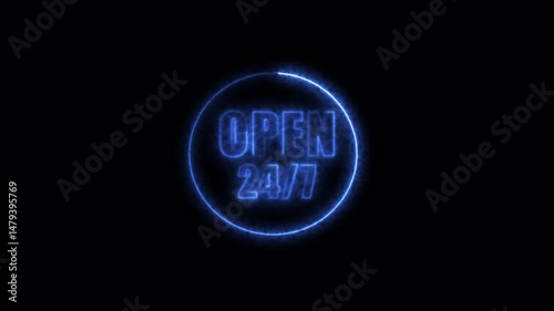 24 7 neon text animation, neon 24 hours a day text animation for call center helpline, customers support, shops, and online stores.