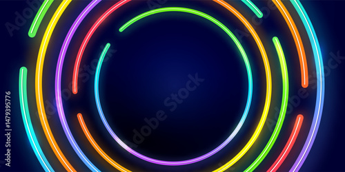 Pride month poster with modern round glow rainbow neon light in dark blue background, vector design