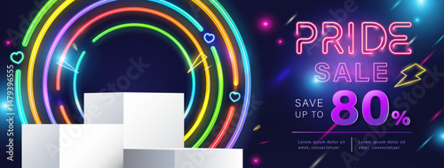 Pride month sale background banner with stage podium design for products display and round rainbow color neon light decoration, vector illustration 