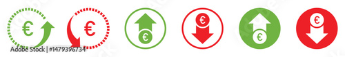 Euro currency trend icons set. Green up arrow and red down arrow with euro symbol, Flat design economy and finance indicators for inflation, deflation, exchange rate movement. Vector illustration.