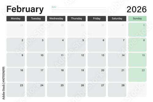 February 2026 calendar or desk planner in soft gray and light green colors with empty note lines, weeks start on Monday, vector illustration design