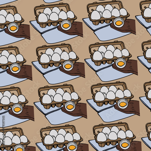 Chicken eggs in packaging. Fresh brown eggs in paper box, container. Fresh raw eggs whole and broken in white and yellow. Vector illustration. Flat cartoon style. Breakfast, organic farm food concept.