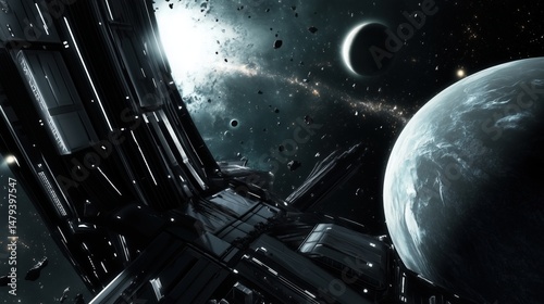 Fototapeta Naklejka Na Ścianę i Meble -  Futuristic Orbital Space Station Above Earth’s Horizon