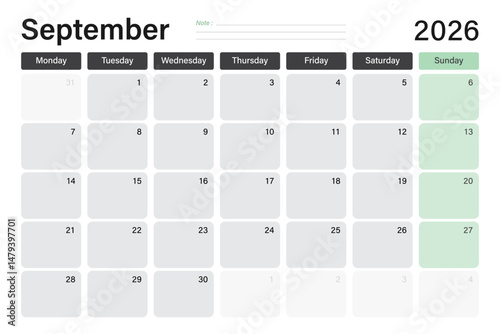 September 2026 calendar or desk planner in soft gray and light green colors with empty note lines, weeks start on Monday, vector illustration design
