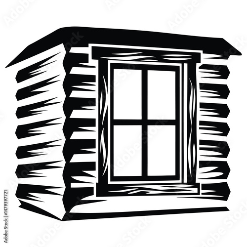 Black and white illustration of a log cabin with a window visible