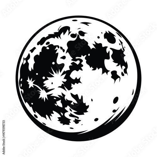 A stark black and white illustration of the moon's surface details