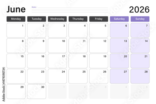 June 2026 calendar or desk planner in soft gray and purple colors with empty note lines, weeks start on Monday, vector illustration design