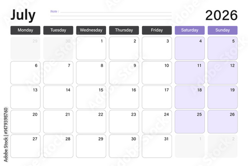 July 2026 calendar or desk planner in soft gray and purple colors with empty note lines, weeks start on Monday, vector illustration design