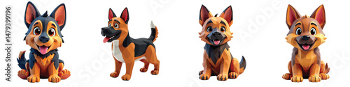 Set of 4 Cute Cartoon German Shepherd Dog Illustrations Vector