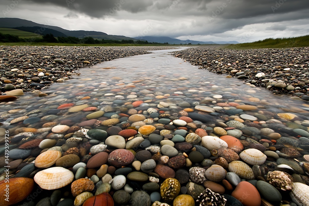 Obraz premium Serene Stream Flowing Over Colorful Pebbles and Shells on a Rocky Beach under Cloudy Sky