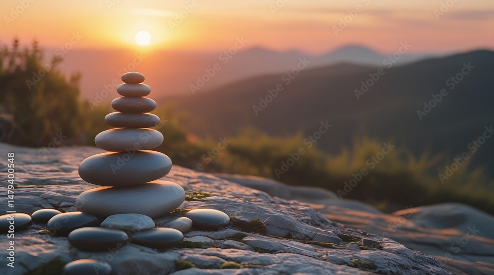 Obraz premium Tranquil Sunset Landscape with Balanced Stones Symbolizing Mindfulness, Stability, and Harmony in Nature