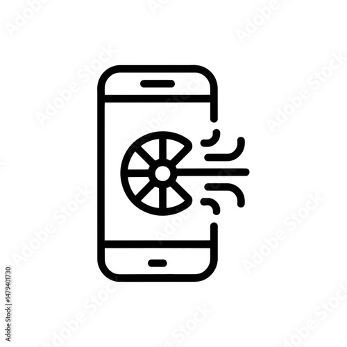 A minimalist black icon features a smartphone with a camera shutter design on the screen, symbolizing digital photography or mobile streaming