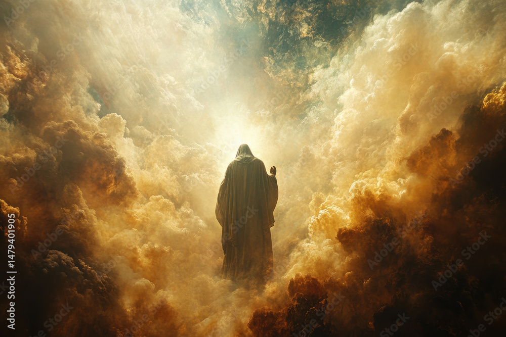 Obraz premium Man standing in clouds with a halo.