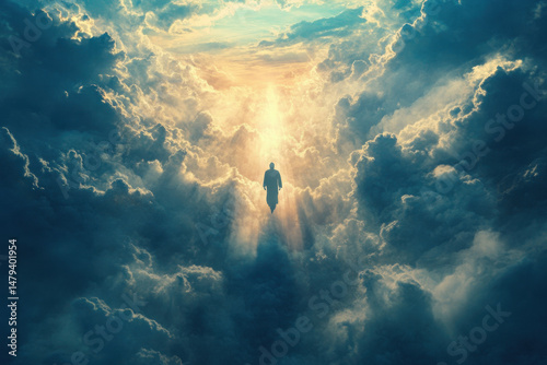 Man standing in clouds, gazing at sky.