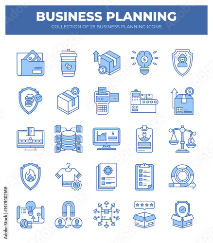 Business Planning. 25 Essential Icons for Strategic Growth