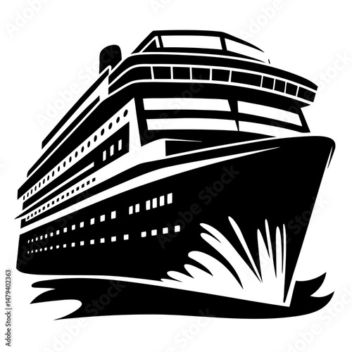 Bold monochrome illustration of a cruise ship sailing on the water