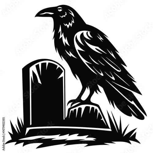 A foreboding raven perched atop a tombstone illustration in black and white