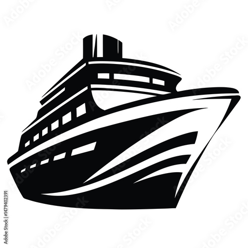 Black and white cruise ship with large windows on multiple decks