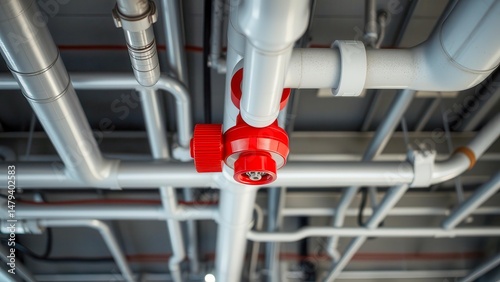 A close-up of a red sprinkler on the ceiling of an industrial building. An element of an automatic fire extinguishing system. A symbol of safety, protection and engineering solutions.