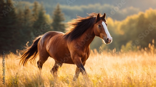 Majestic horse running through sunlit meadow, dynamic motion captured, golden hour lighting, f/2.8, pastoral landscape with soft focus background 