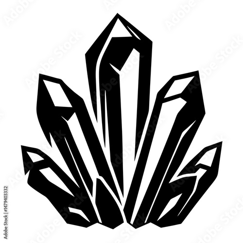 Abstract black and white illustration of cluster of multiple sharp crystal formations