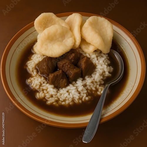 AI generates realistic photos. Rawon is a traditional Indonesian beef soup from East Java, containing tender chunks of beef in a thick, dark, aromatic broth made from keluak nuts. photo