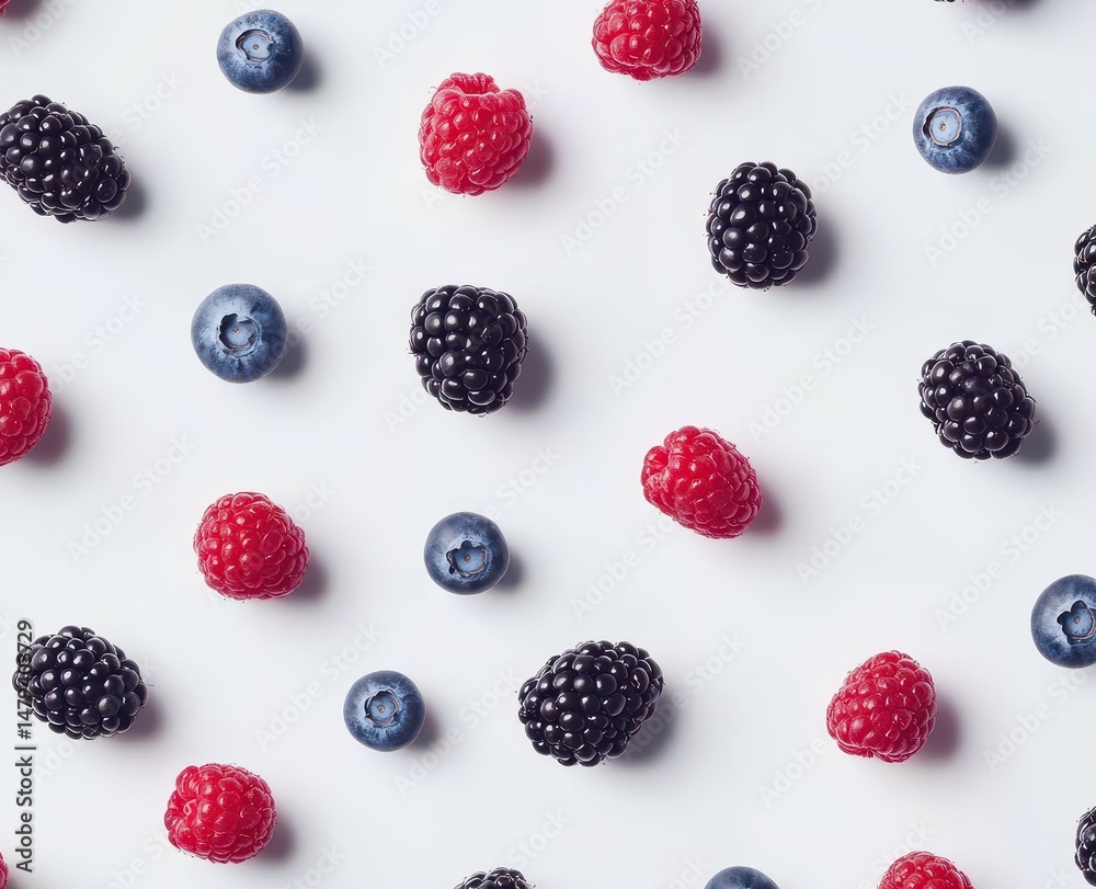 Assorted berries arranged in a repeating pattern on a white background Assorted berries arranged in a repeating pattern on a white background