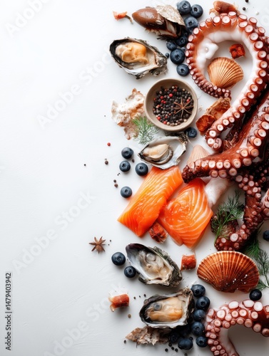 Seafood restaurant menu background fresh aestetic luxury octopus tentacles, salmon's tail, oysters, kamchatka crab claws with white space