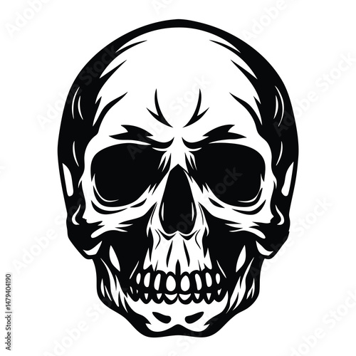 High Contrast Skull Illustration with Stylized Features and Black and White Design