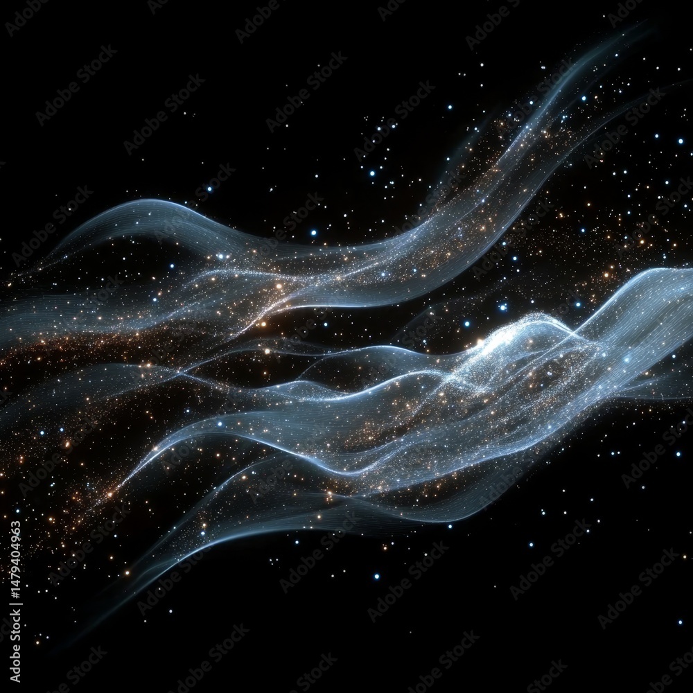 Fototapeta premium Wavy ribbons of light float across a dark background filled with tiny sparkling dots of golden and silver color.