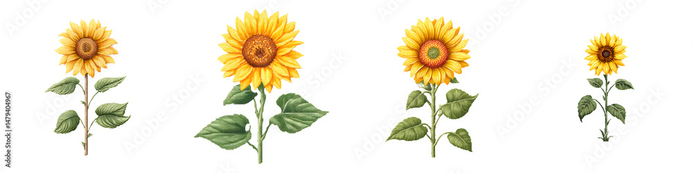 Fototapeta premium Vibrant sunflowers in varying sizes, showcasing their bright yellow petals and green leaves, ideal for nature-themed designs and botanical illustrations.