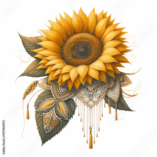 A bright yellow sunflower in boho ethnic style art ,blossom, isolated against a white background, showcases its beautiful petals
