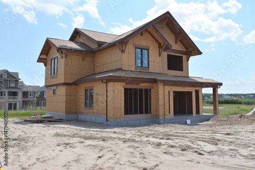 Two-story house under construction, sheathed, awaiting finishing