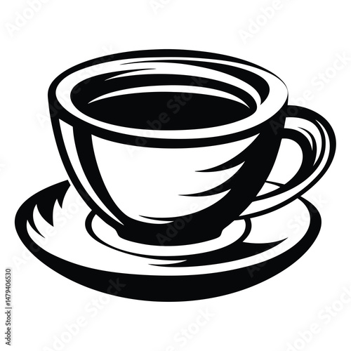 Stylized black and white image of a coffee cup and saucer with liquid