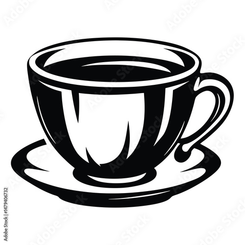 Stylized monochrome image of a coffee cup and saucer with dark liquid