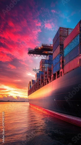 Wallpaper Mural Majestic cargo ship sails against a vibrant sunset on open waters Torontodigital.ca