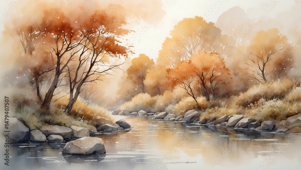 Naklejka premium autumn landscape, river, lake watercolor illustration