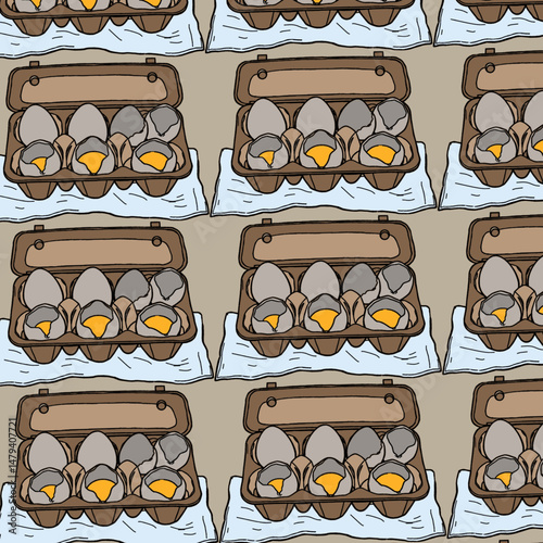 Chicken eggs in packaging. Fresh brown eggs in paper box, container. Fresh raw eggs whole and broken in white and yellow. Vector illustration. Flat cartoon style. Breakfast, organic farm food concept.