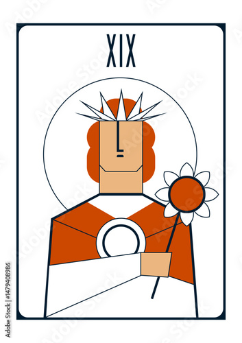 Simple vector image of tarot card the sun in the form of a man in a red cloak and a crown of rays and a flower in his hands