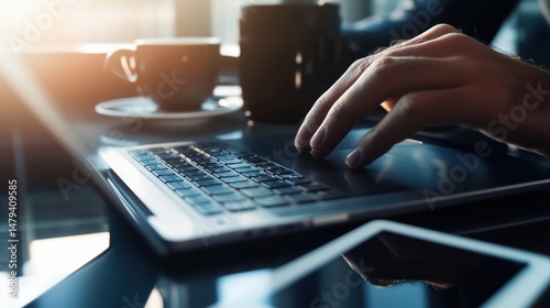 Hands Typing on Laptop in Modern Workspace with Coffee Cup